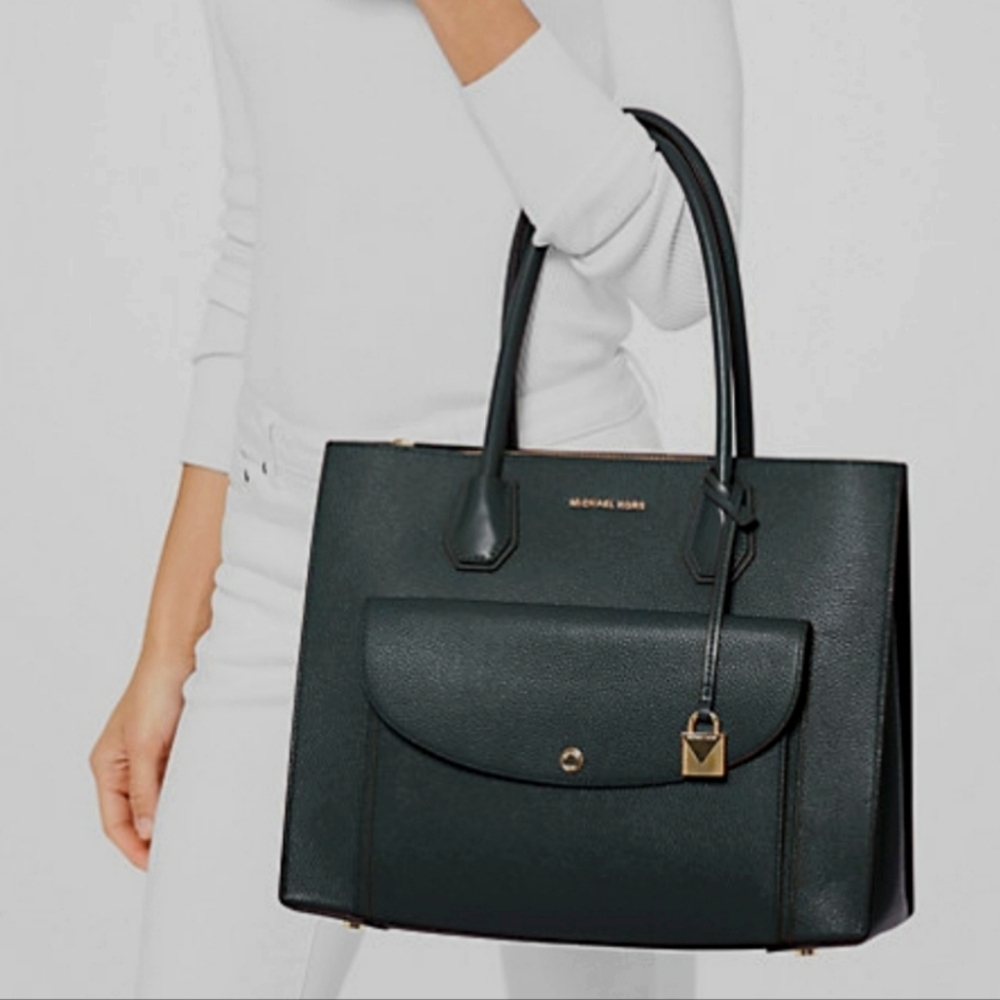 Michael Kors Dark Green Leather Tote with Gold Hardware